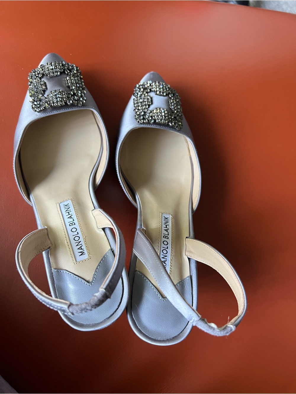Manolo Blahnik Silver Crystal-Buckle Pointed Slingback Flats